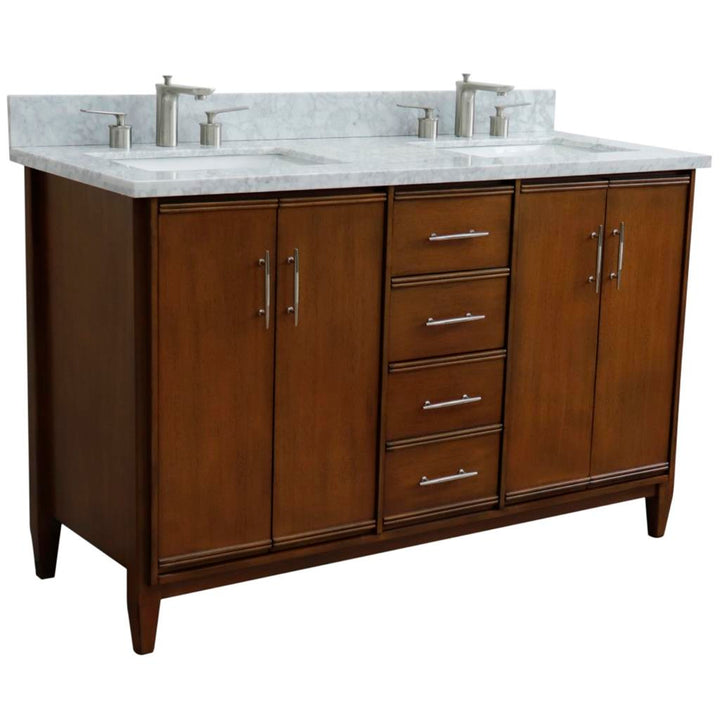 Bellaterra MCM 55" Double Vanity, Walnut, White Carrara Marble Top/Rectangle Sink