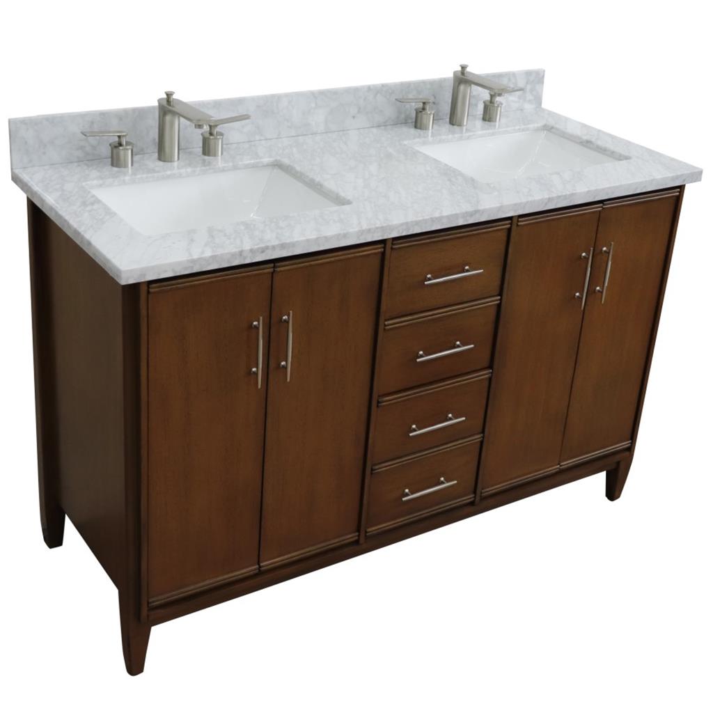 Bellaterra MCM 55" Double Vanity, Walnut, White Carrara Marble Top/Rectangle Sink