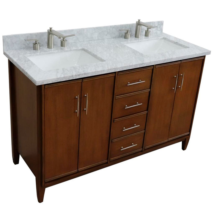 Bellaterra MCM 55" Double Vanity, Walnut, White Carrara Marble Top/Rectangle Sink