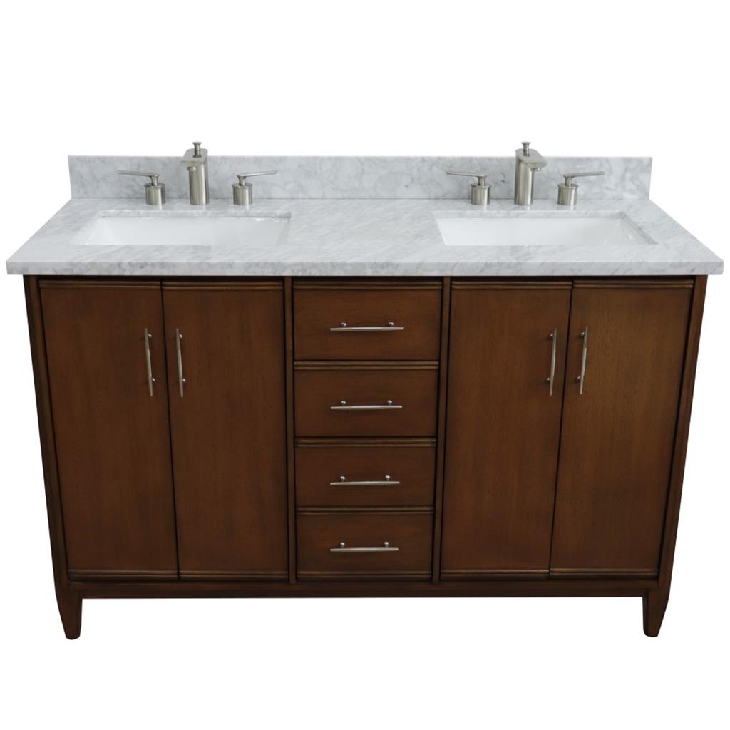 Bellaterra MCM 55" Double Vanity, Walnut, White Carrara Marble Top/Rectangle Sink