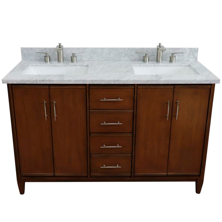 Bellaterra MCM 55" Double Vanity, Walnut, White Carrara Marble Top/Rectangle Sink