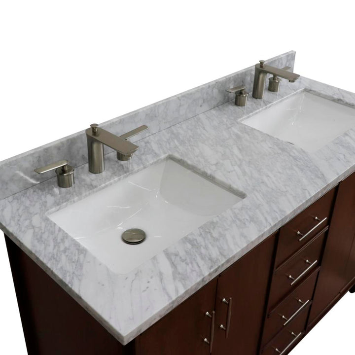 Bellaterra MCM 55" Double Vanity, Walnut, White Carrara Marble Top/Rectangle Sink