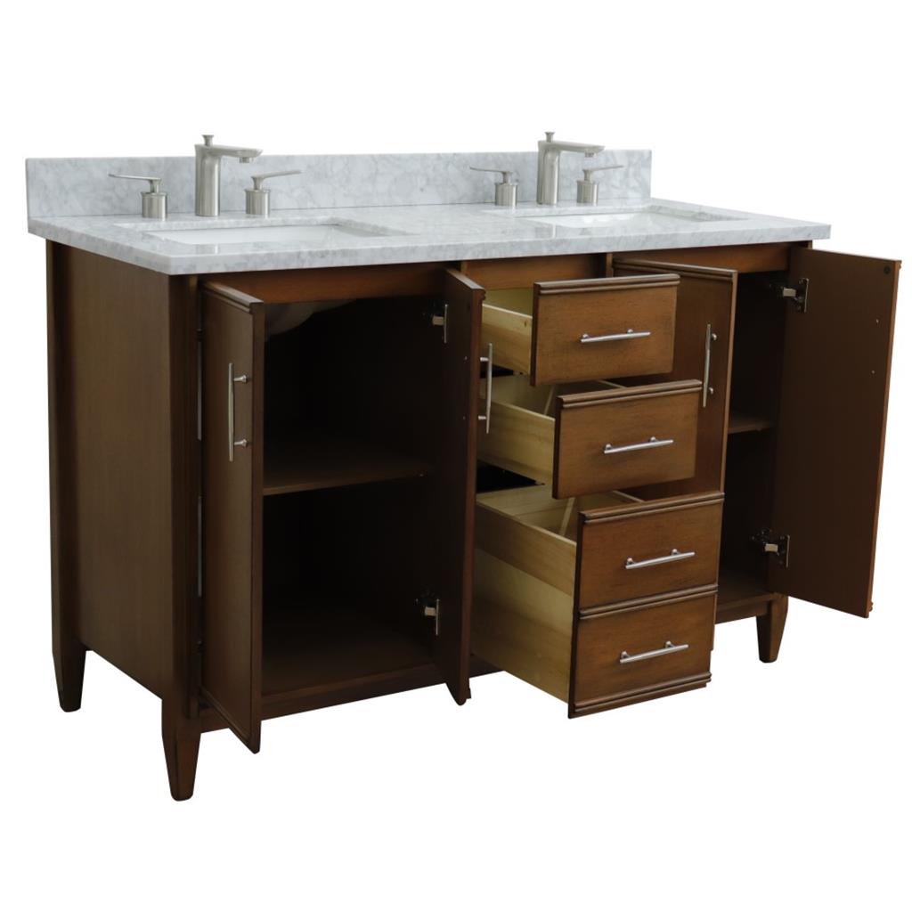 Bellaterra MCM 55" Double Vanity, Walnut, White Carrara Marble Top/Rectangle Sink