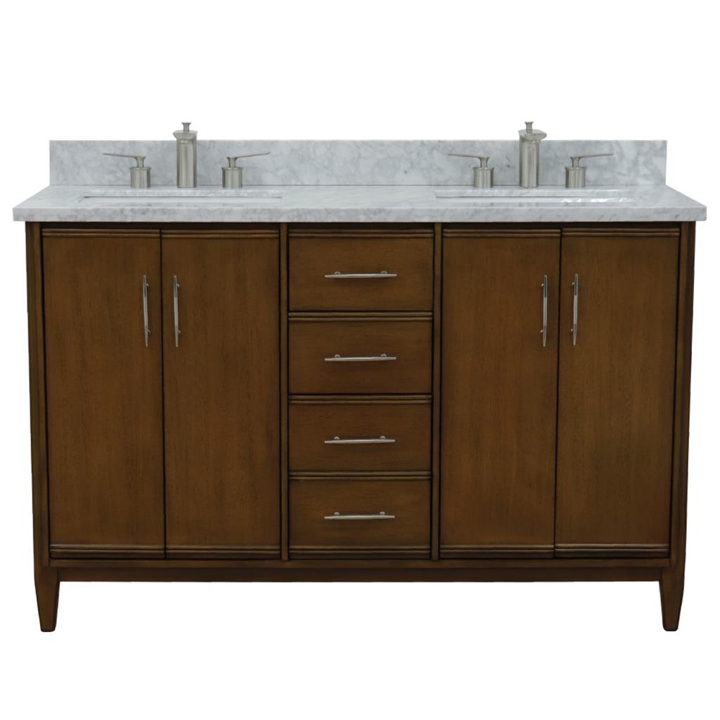 Bellaterra MCM 55" Double Vanity, Walnut, White Carrara Marble Top/Rectangle Sink