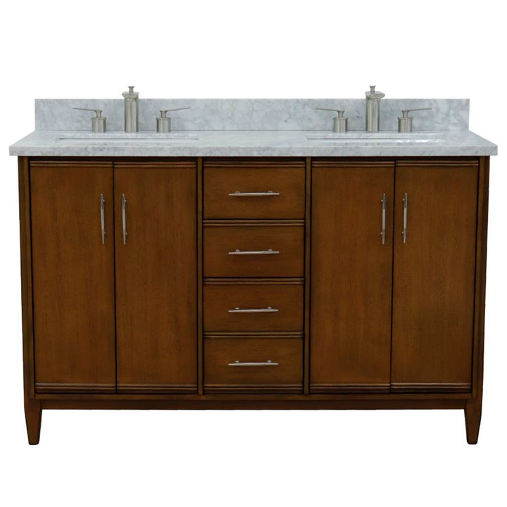 Bellaterra MCM 55" Double Vanity, Walnut, White Carrara Marble Top/Rectangle Sink