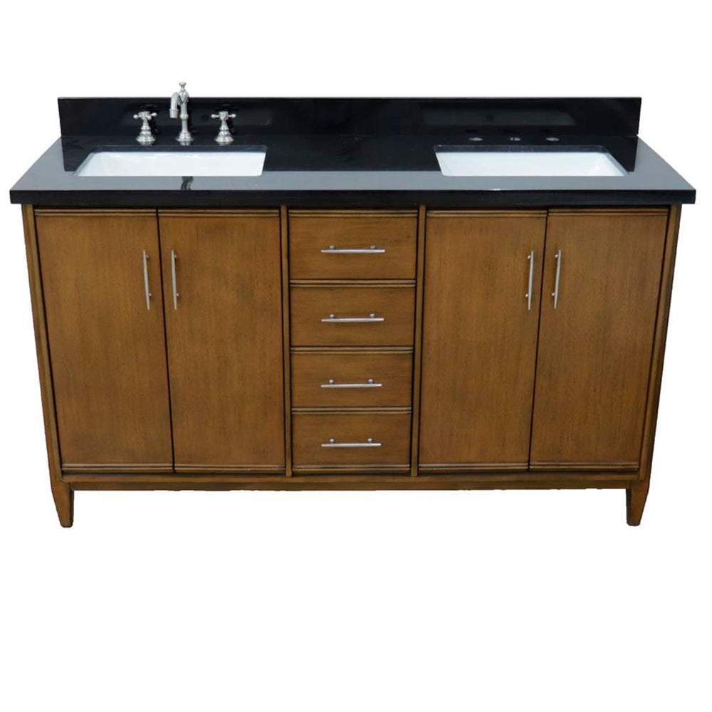 Bellaterra MCM 61" Double Vanity, Walnut, Black Galaxy Granite Top/Rectangle Sink