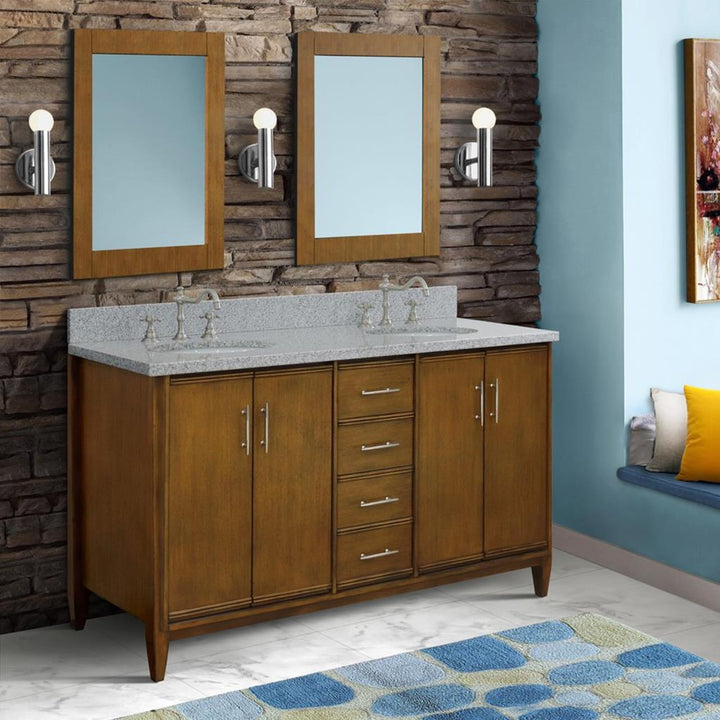 Bellaterra MCM 61" Double Vanity, Walnut, Gray Granite Top/Oval Sink