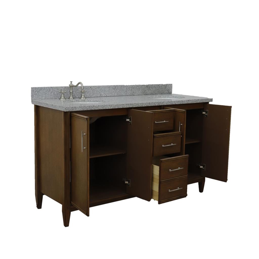 Bellaterra MCM 61" Double Vanity, Walnut, Gray Granite Top/Oval Sink