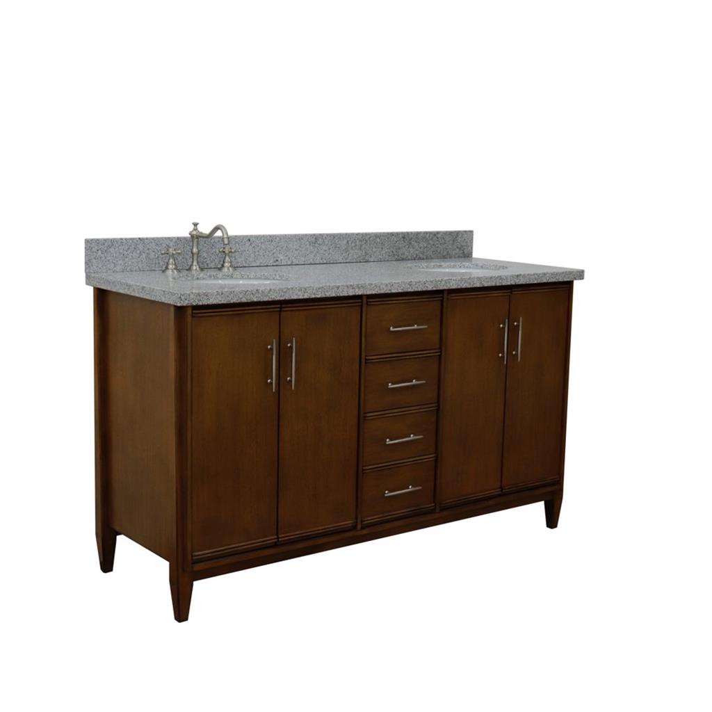 Bellaterra MCM 61" Double Vanity, Walnut, Gray Granite Top/Oval Sink