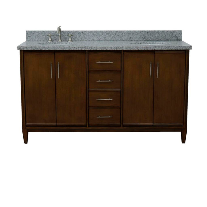 Bellaterra MCM 61" Double Vanity, Walnut, Gray Granite Top/Oval Sink