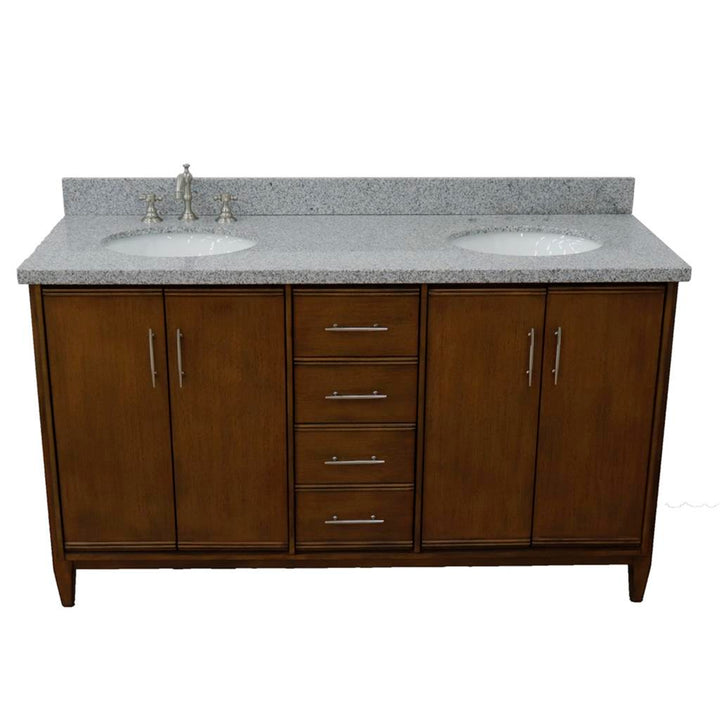 Bellaterra MCM 61" Double Vanity, Walnut, Gray Granite Top/Oval Sink