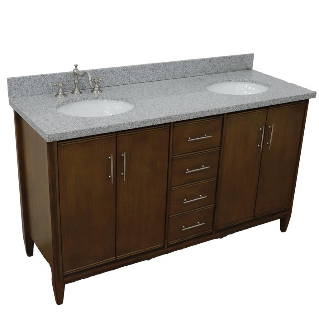 Bellaterra MCM 61" Double Vanity, Walnut, Gray Granite Top/Oval Sink