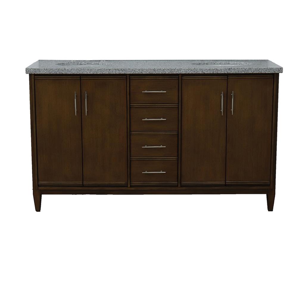 Bellaterra MCM 61" Double Vanity, Walnut, Gray Granite Top/Oval Sink