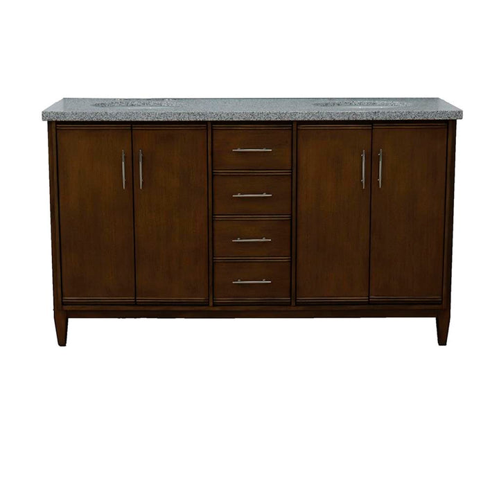 Bellaterra MCM 61" Double Vanity, Walnut, Gray Granite Top/Oval Sink