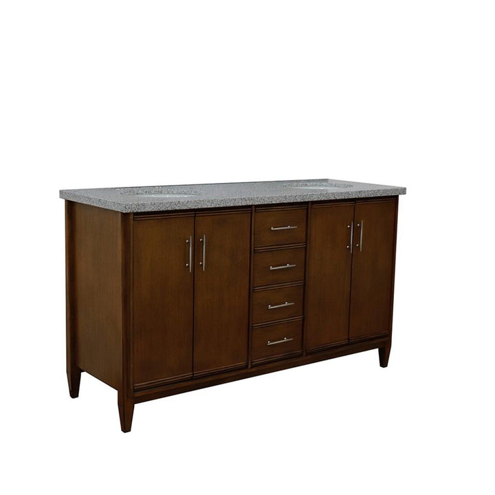 Bellaterra MCM 61" Double Vanity, Walnut, Gray Granite Top/Oval Sink