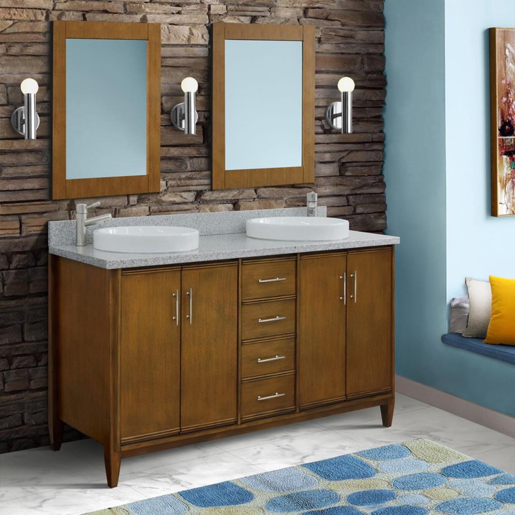 Bellaterra MCM 61" Double Vanity, Walnut, Gray Granite Top/Round Sink