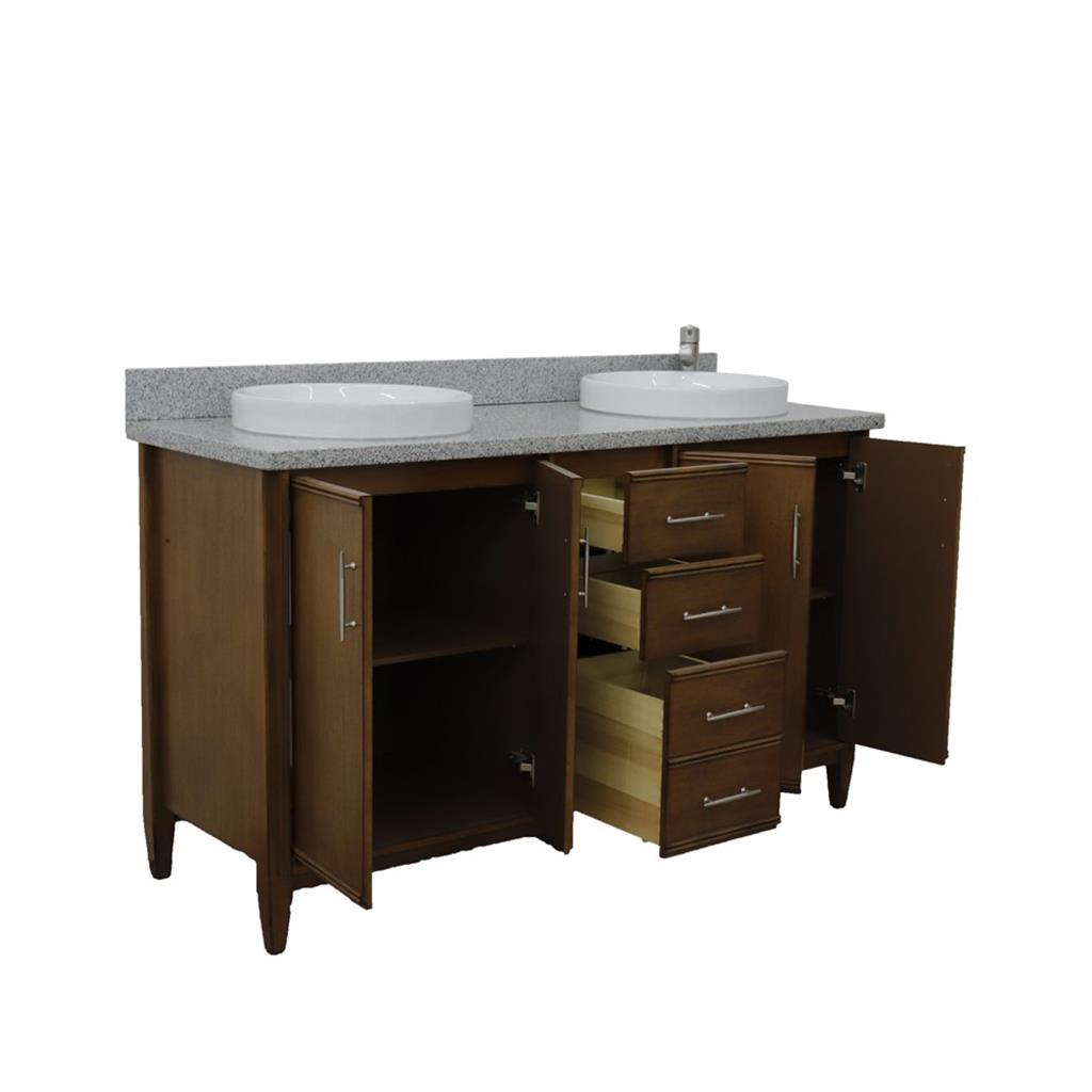 Bellaterra MCM 61" Double Vanity, Walnut, Gray Granite Top/Round Sink