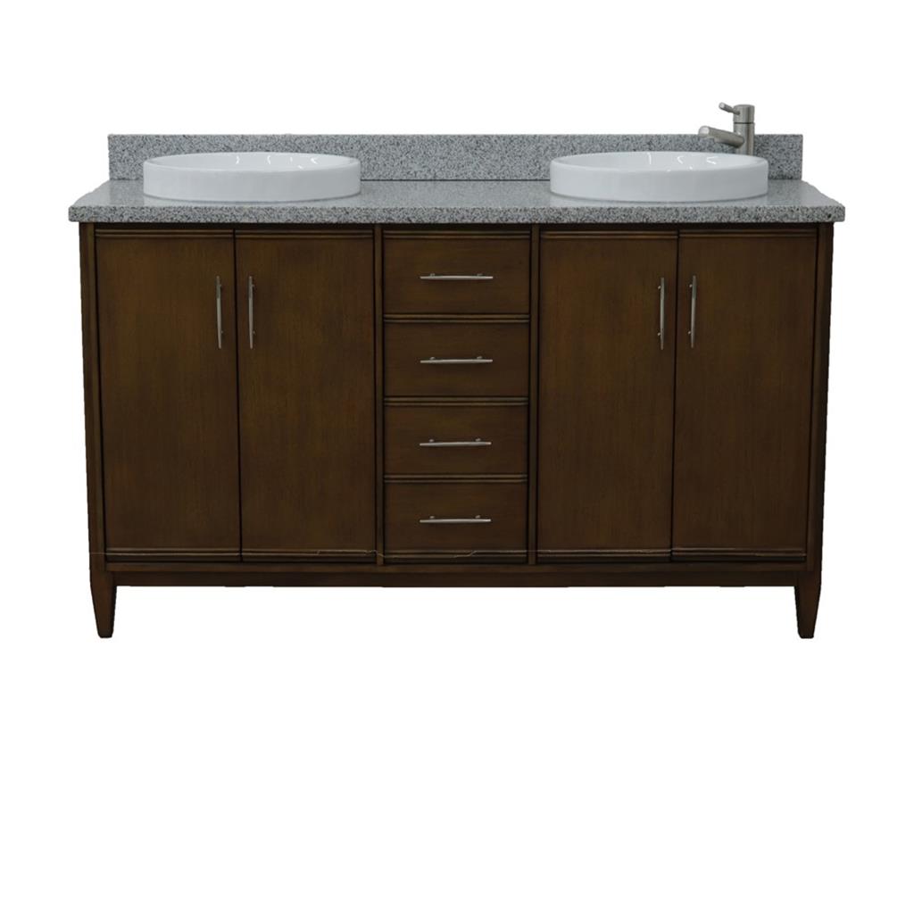 Bellaterra MCM 61" Double Vanity, Walnut, Gray Granite Top/Round Sink