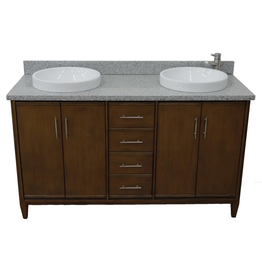 Bellaterra MCM 61" Double Vanity, Walnut, Gray Granite Top/Round Sink