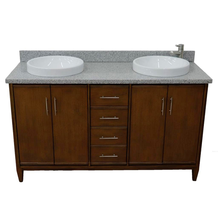 Bellaterra MCM 61" Double Vanity, Walnut, Gray Granite Top/Round Sink