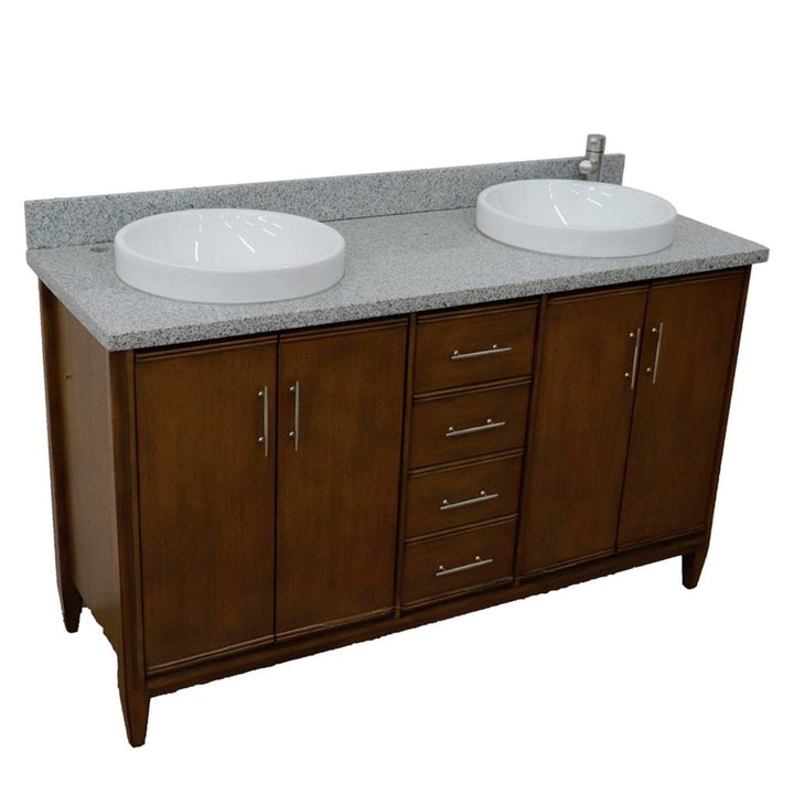 Bellaterra MCM 61" Double Vanity, Walnut, Gray Granite Top/Round Sink