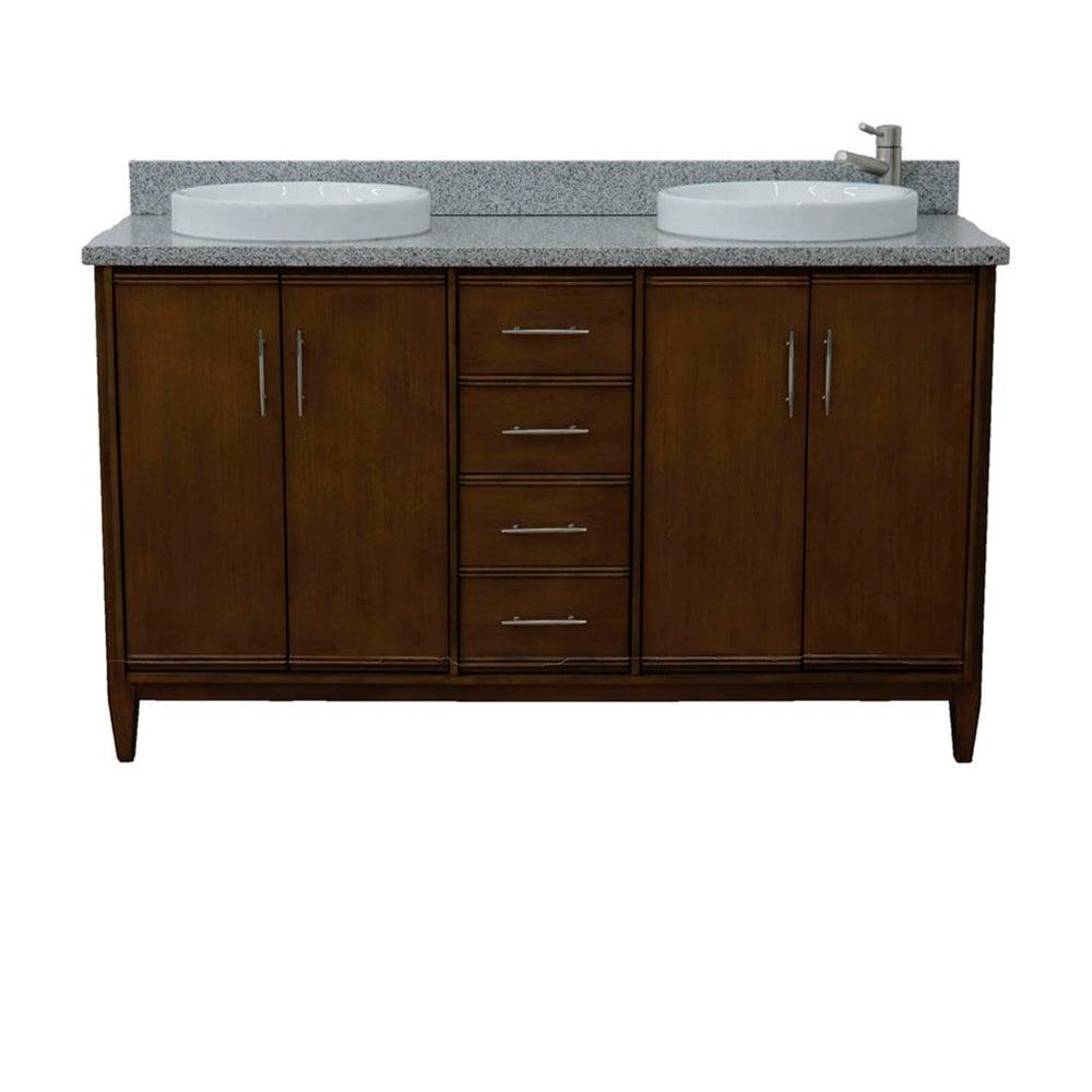 Bellaterra MCM 61" Double Vanity, Walnut, Gray Granite Top/Round Sink