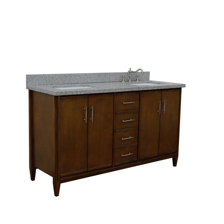 Bellaterra MCM 61" Double Vanity, Walnut, Gray Granite Top/Rectangle Sink