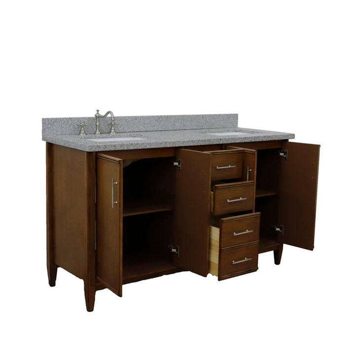 Bellaterra MCM 61" Double Vanity, Walnut, Gray Granite Top/Rectangle Sink