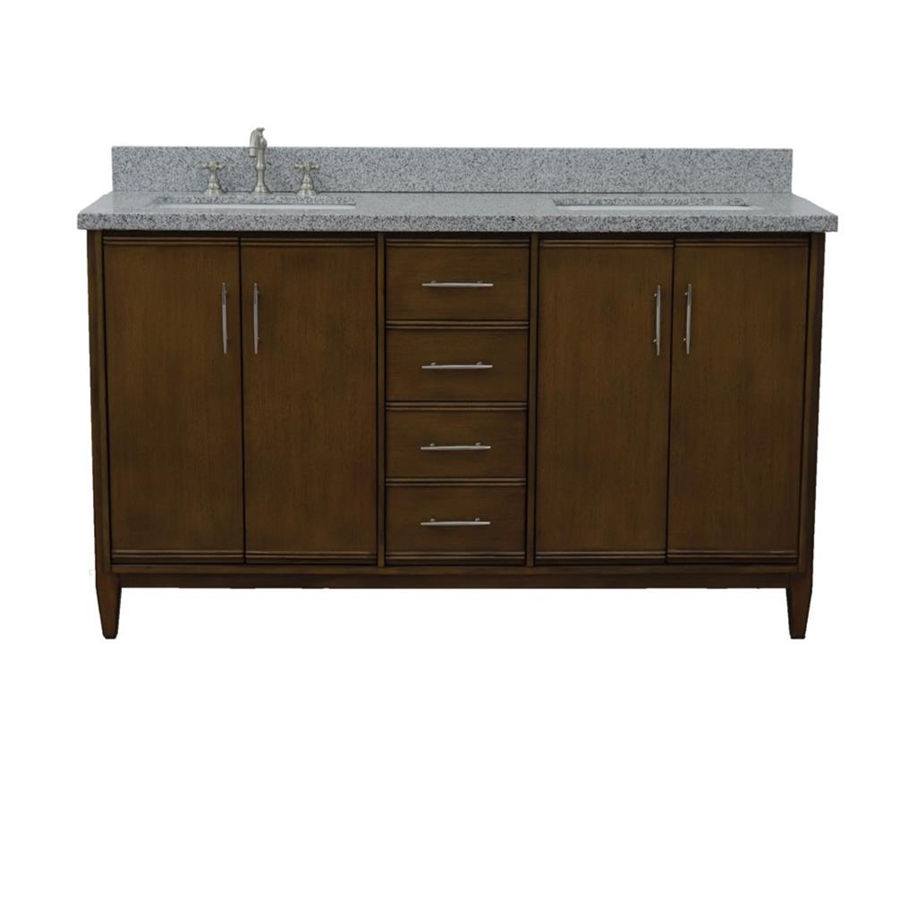 Bellaterra MCM 61" Double Vanity, Walnut, Gray Granite Top/Rectangle Sink