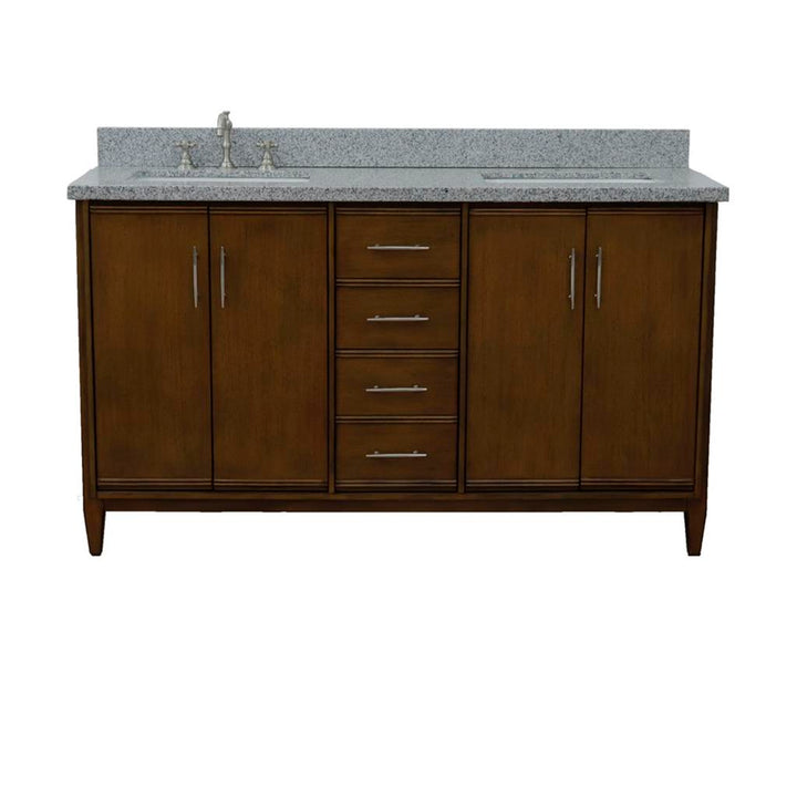 Bellaterra MCM 61" Double Vanity, Walnut, Gray Granite Top/Rectangle Sink