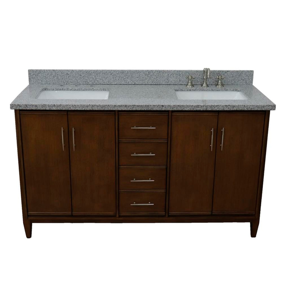 Bellaterra MCM 61" Double Vanity, Walnut, Gray Granite Top/Rectangle Sink