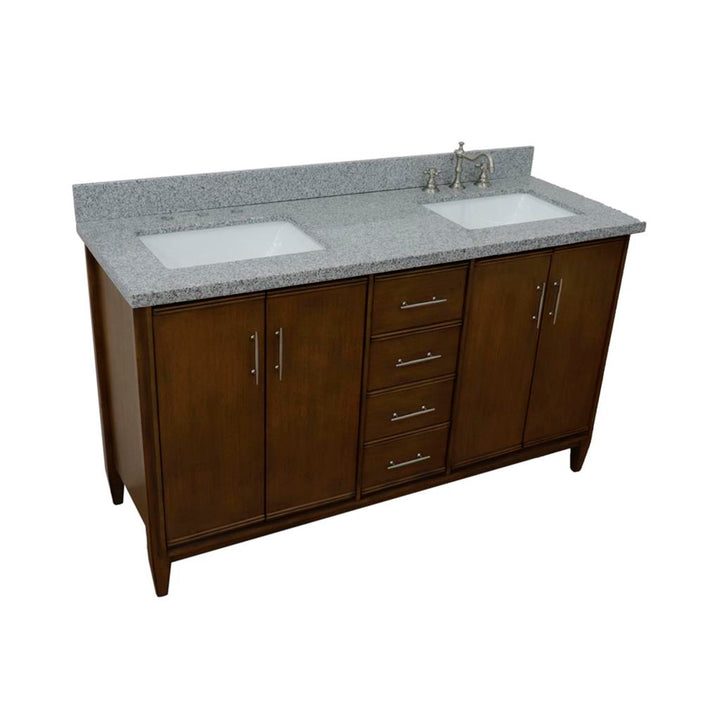 Bellaterra MCM 61" Double Vanity, Walnut, Gray Granite Top/Rectangle Sink