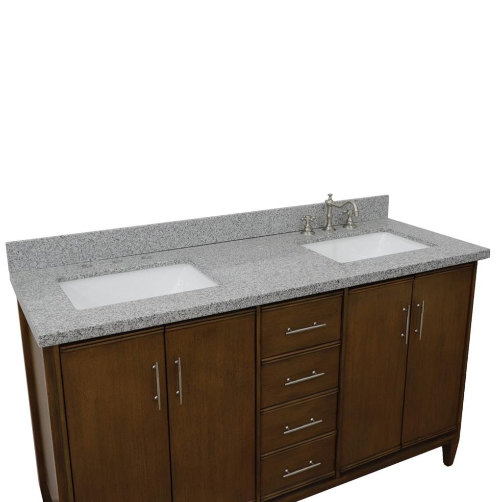 Bellaterra MCM 61" Double Vanity, Walnut, Gray Granite Top/Rectangle Sink