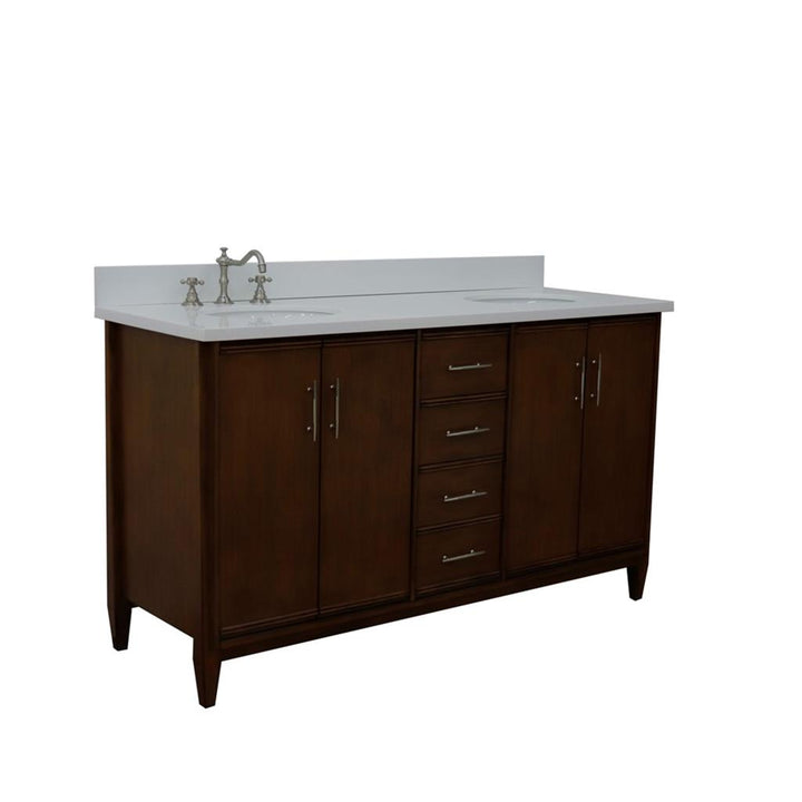 Bellaterra MCM 61" Double Vanity, Walnut, White Quartz Top/Oval Sink