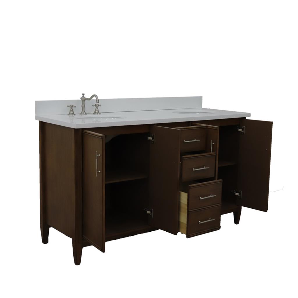 Bellaterra MCM 61" Double Vanity, Walnut, White Quartz Top/Oval Sink