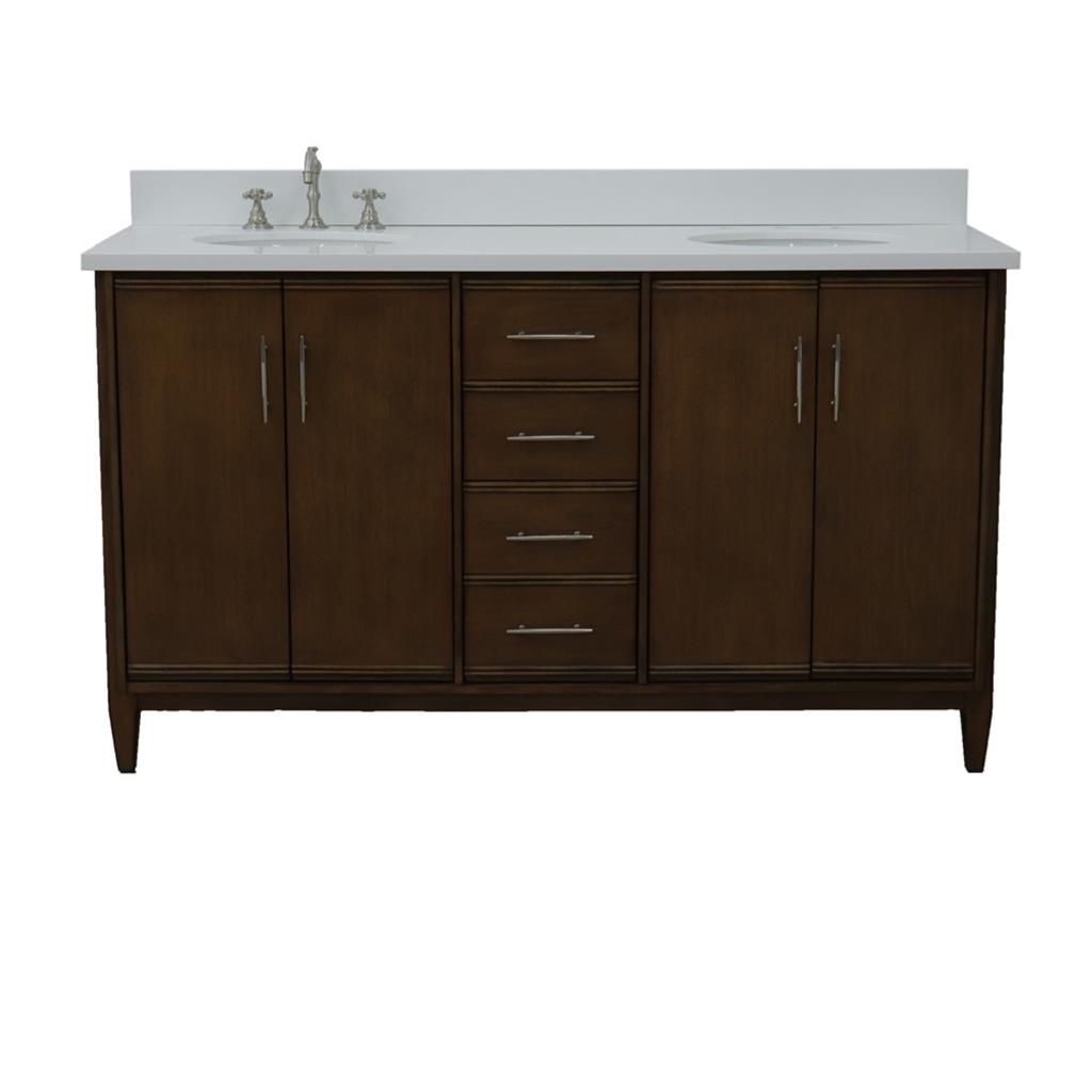 Bellaterra MCM 61" Double Vanity, Walnut, White Quartz Top/Oval Sink