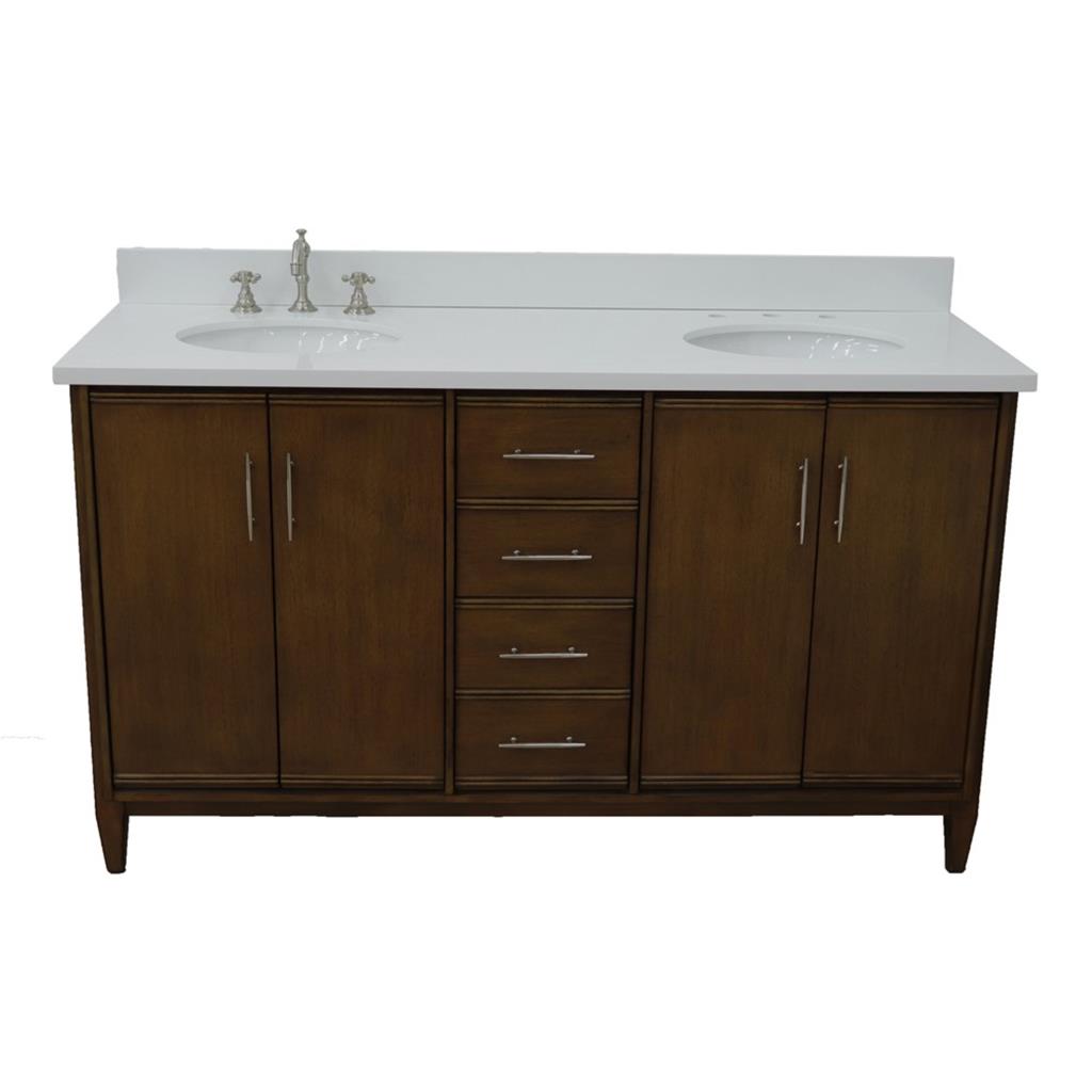 Bellaterra MCM 61" Double Vanity, Walnut, White Quartz Top/Oval Sink