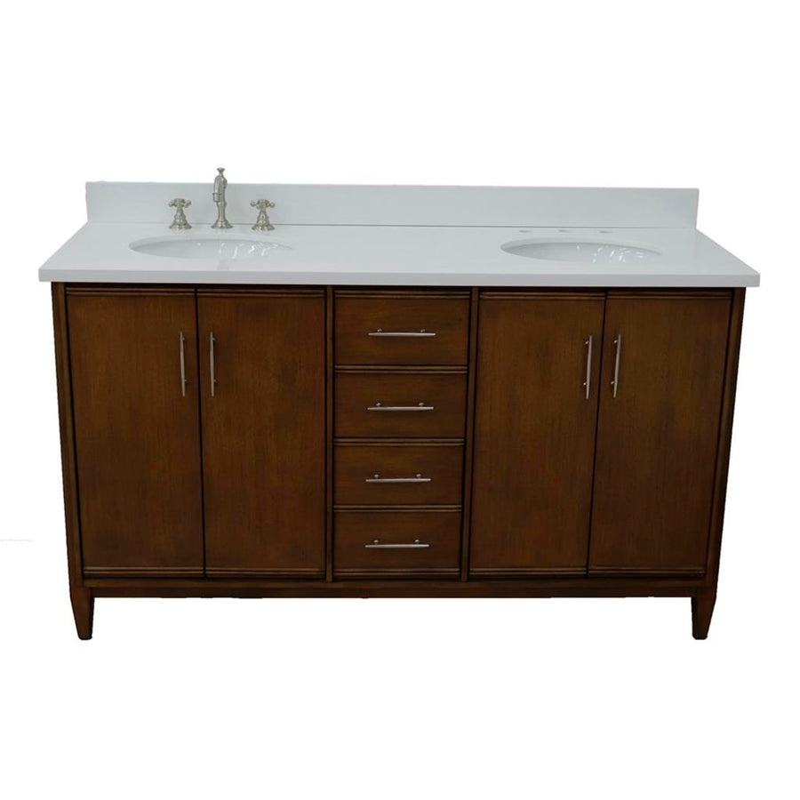 Bellaterra MCM 61" Double Vanity, Walnut, White Quartz Top/Oval Sink