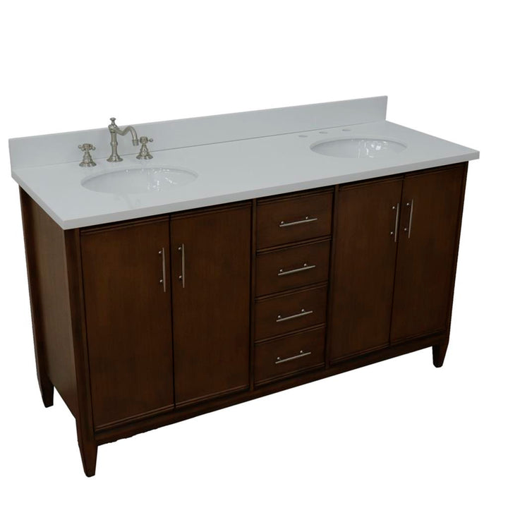 Bellaterra MCM 61" Double Vanity, Walnut, White Quartz Top/Oval Sink