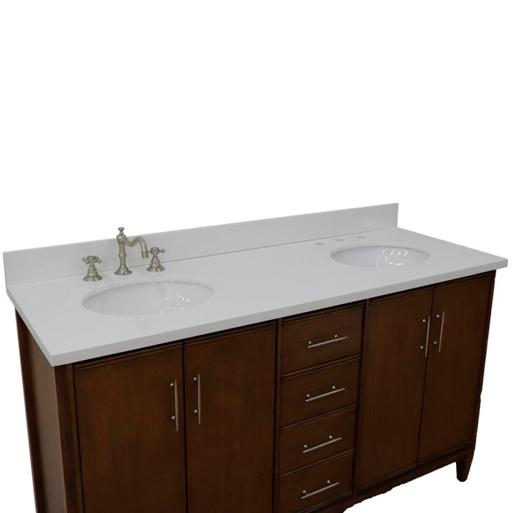 Bellaterra MCM 61" Double Vanity, Walnut, White Quartz Top/Oval Sink