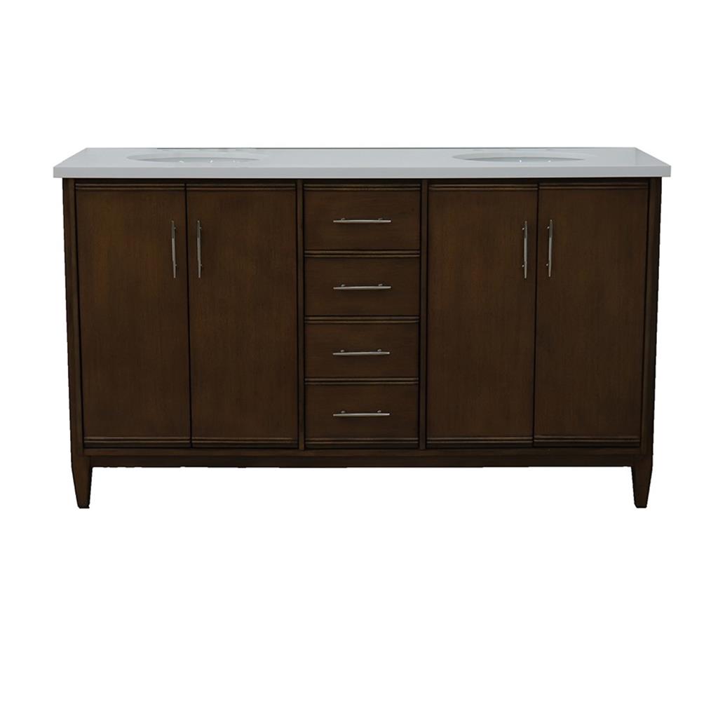 Bellaterra MCM 61" Double Vanity, Walnut, White Quartz Top/Oval Sink