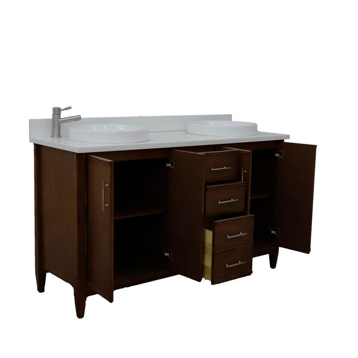 Bellaterra MCM 61" Double Vanity, Walnut, White Quartz Top/Round Sink