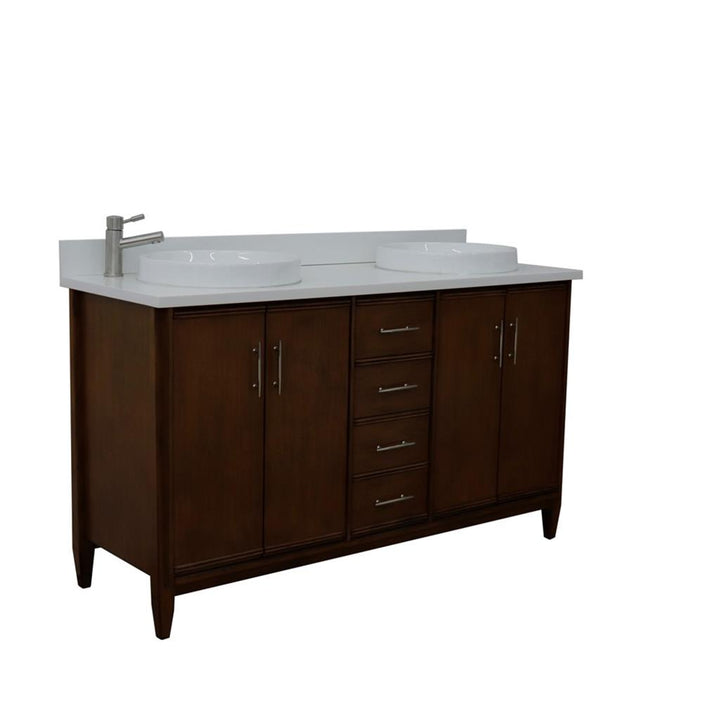 Bellaterra MCM 61" Double Vanity, Walnut, White Quartz Top/Round Sink