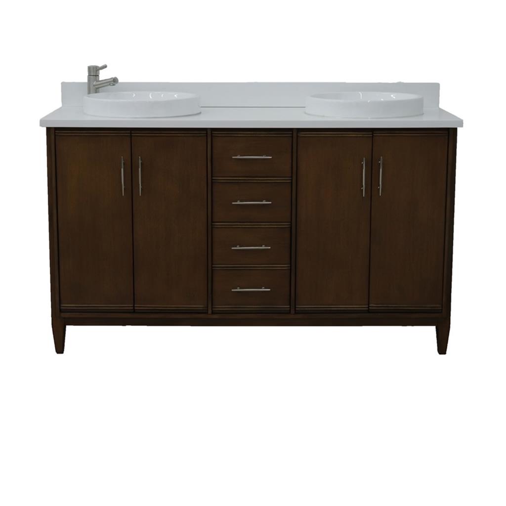 Bellaterra MCM 61" Double Vanity, Walnut, White Quartz Top/Round Sink