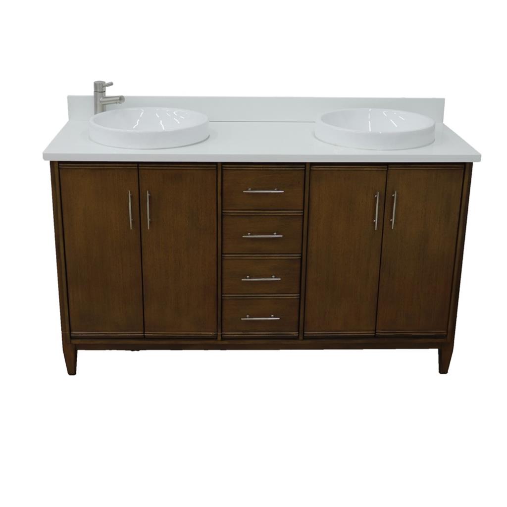 Bellaterra MCM 61" Double Vanity, Walnut, White Quartz Top/Round Sink