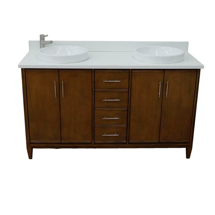 Bellaterra MCM 61" Double Vanity, Walnut, White Quartz Top/Round Sink