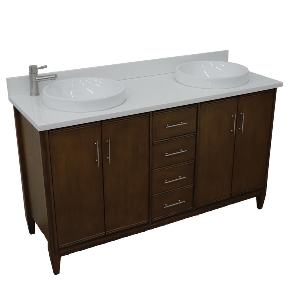 Bellaterra MCM 61" Double Vanity, Walnut, White Quartz Top/Round Sink