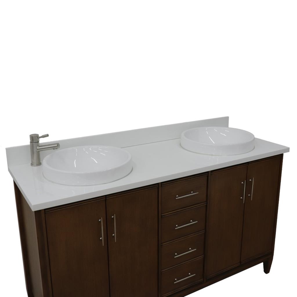 Bellaterra MCM 61" Double Vanity, Walnut, White Quartz Top/Round Sink