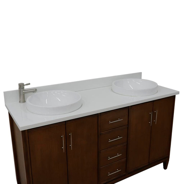 Bellaterra MCM 61" Double Vanity, Walnut, White Quartz Top/Round Sink