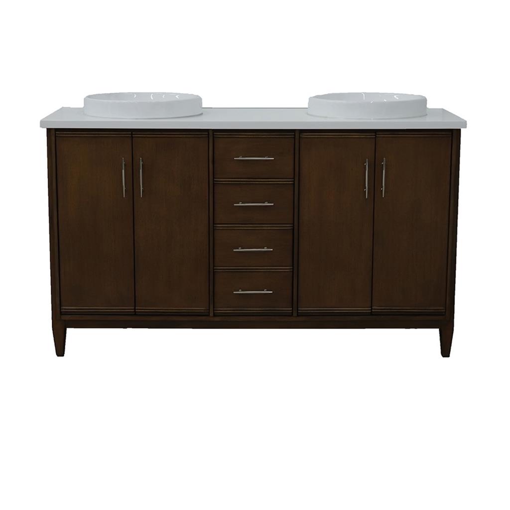 Bellaterra MCM 61" Double Vanity, Walnut, White Quartz Top/Round Sink